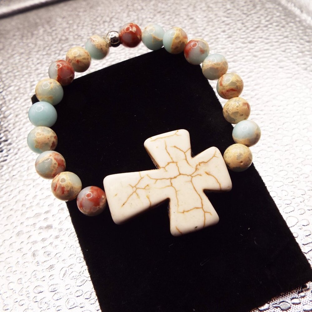 NATURAL AFRICAN BLUE TURQUOISE & OPAL BEADS - HOWLITE CROSS STRETCH BRACELET 76